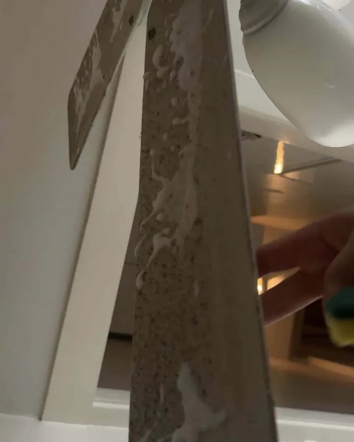 During: a ceiling fan blade coated in dust and cleaning foam.