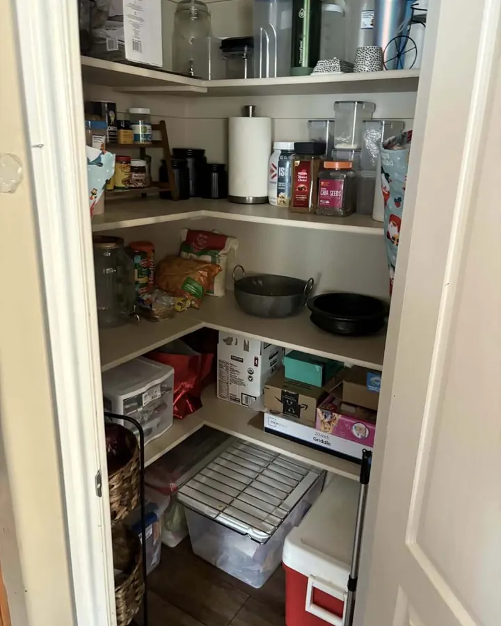 After: the same pantry sorted onto its shelves.