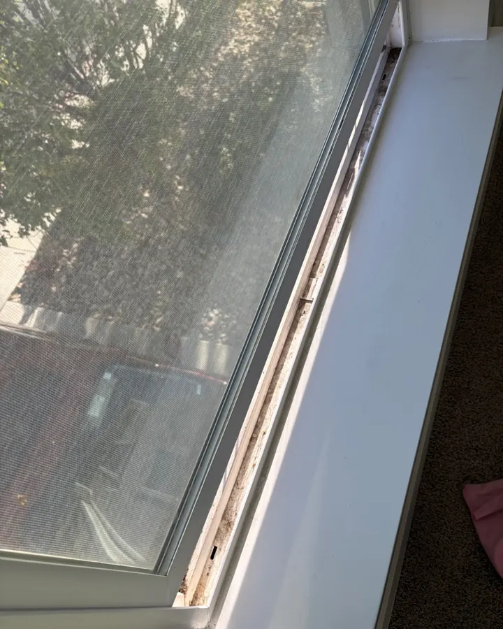 Before: a window track packed with dust and debris.