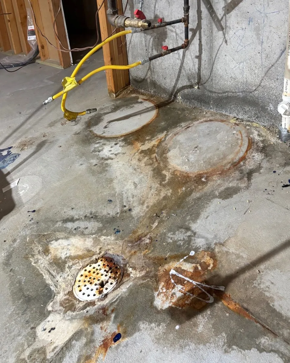 Before: a concrete floor after construction, covered in rust stains and residue.