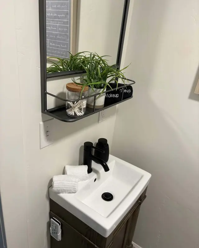 A small vanity with a white sink, black tap and a plant on the shelf.